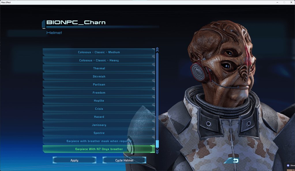 Batarian with a headset on in a menu